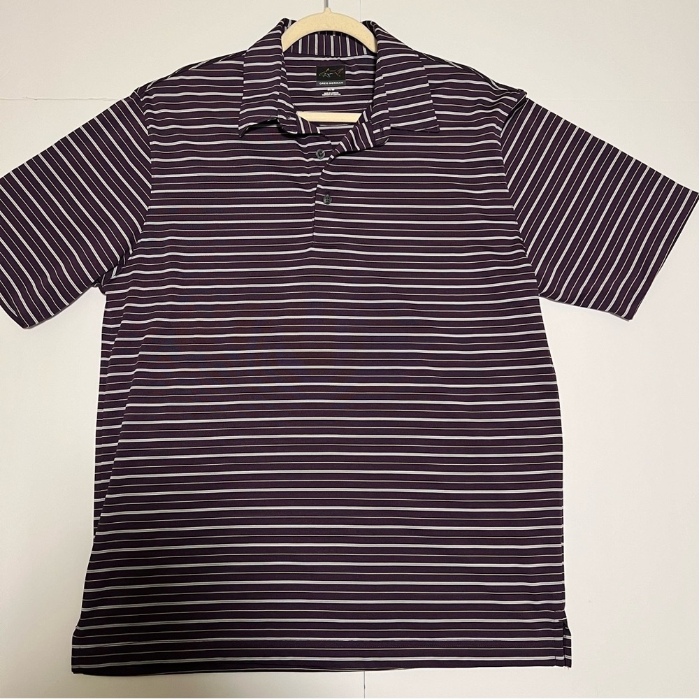 Greg Norman Polo Shirt Mens Medium Purple Striped Polyester Golf Short Sleeve